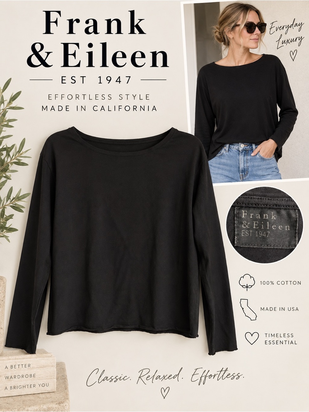Frank & Eileen Black Cotton Long Sleeve Tee Top M Made in USA